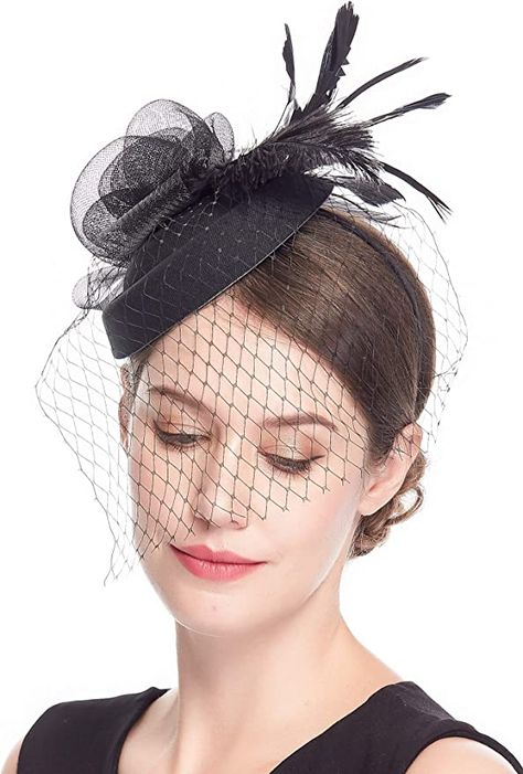 Veiled Hats Black, Big Hats For Women Vintage, Retro Hats For Women, 50s Hats Women, British Hairstyles For Women, 1920s Headwear, 1920s Hats Women, Black Hats For Women, Flower Veil Wedding