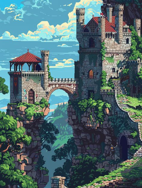 Pixel Art Medieval Videogame: Castle Level School Castle Aesthetic, Gothic Castle Concept Art, Gaming Concept Art, Medieval Town Layout, Pixel Medieval, Medieval Pixel Art, Medieval Castle Art, Medieval Concept Art, Tiny Glade