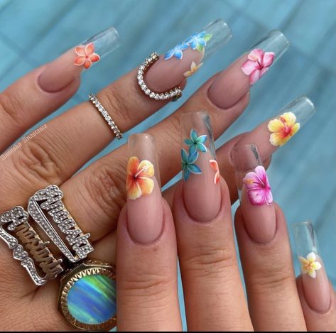 Guatemala Inspired Nails, Tropical Nails Long, Cancun Nails Ideas, Thailand Inspired Nails, Puerto Rico Vacation Nails, El Salvador Nails, Polynesian Nails, Mexican Vacation Nails, Miami Nails Summer