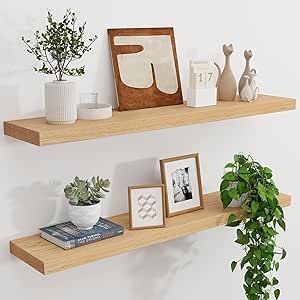 Solid Oak Floating Shelves - Set of 2, 36" Wide x 8" Deep Wall Mounted Rustic Wooden Display Shelf for Bathroom Bedroom Kitchen Garage with Heavy-Duty Bracket - Natural Oak Finish Deep Floating Shelves, Shelves Above Toilet, Floating Kitchen Shelves, Shelf For Bathroom, Floating Shelves Bedroom, Oak Floating Shelves, Wood Nursery, Floating Shelves Bathroom, Kitchen Garage