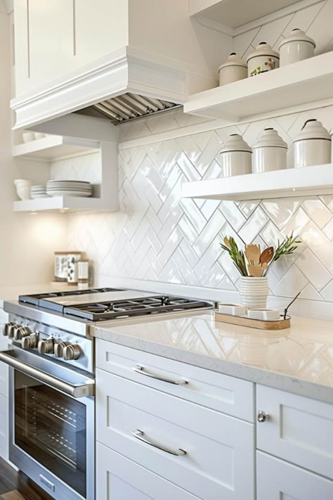 22 Herringbone Backsplash Subway Tile Ideas for a Cozy Kitchen Two Backsplash In Kitchen, Tile Ideas For Kitchen Backsplash, Slide In Range Backsplash Ideas, White Subway Tile Herringbone Backsplash, Herringbone Kitchen Tiles, Backsplash To Ceiling Kitchen, 3x12 Herringbone Backsplash, Backsplash Ideas With Granite Countertop, Types Of Backsplash