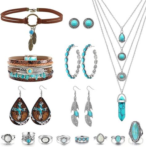 Amazon.com: MJartoria Native American Bohemian Feather Charm Handmade PU Leather Choker Necklace Set Turquoise: Clothing, Shoes & Jewelry Native American Stuff, Turquoise Jewelry Set, Western Stuff, Leather Choker Necklace, Turquoise Jewelry Native American, Black Choker Necklace, Bohemian Handmade, Ring Turquoise, Gothic Necklace