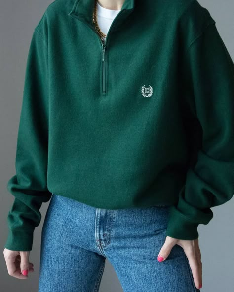 Forest Green Sweatshirt Outfit, Quarter Zip Sweater Green, Zip Up Collar Sweater, Green Sweaters For Women, Forest Green Fall Outfit, Green Half Zip Pullover Outfit, Green Zip Up Sweater Outfit, Forest Green Outfit Ideas, Green Quarter Zip Outfit