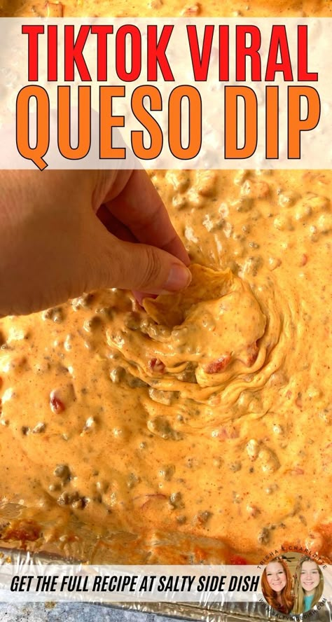 Queso Dip Tiktok, Easy Oven Queso Dip, Tiktok Cheese Dip, Queso Dip Recipe With Meat, Queso Dip With Meat Crockpot, Dip Recipes With Velveeta Cheese, Easy Caso Dip Recipe, Taco Meat Queso Dip, Meaty Queso Dip