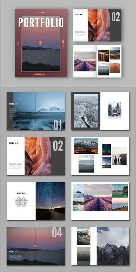 Graphic Designers Portfolio Ideas, Photography Portfolio Layout Design, Graphic Layout Ideas, Professional Portfolio Ideas, Indesign Inspiration Creative, Cool Book Layout, Portfolio For Artist, Travel Photo Book Layout Design, Fashion Portfolio Cover Page Ideas