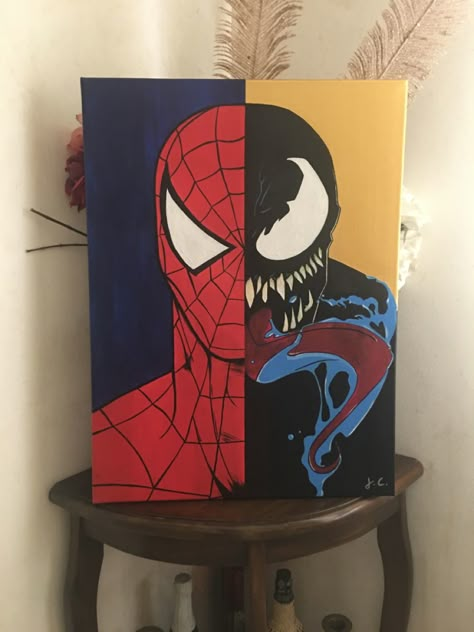 Spiderman Paintings Easy, Spiderman Art Canvas, Spiderman And Venom Painting, Black Spiderman Painting, Canvas Painting Ideas Marvel, Spider Man Acrylic Painting, Venom Canvas Painting, Guy Painting Ideas, Painting Ideas Marvel