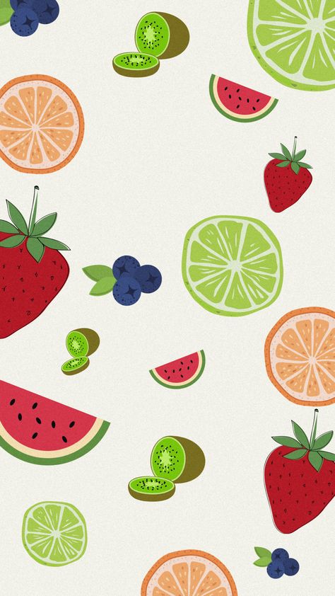 Fruits And Vegetables Wallpaper, Cute Fruit Backgrounds, Fruit Print Wallpaper, Summer Fruit Background, Summer Fruit Aesthetic Wallpaper, Wallpaper Buah Aesthetic, Summer Fruit Illustration, Fruits Background Wallpapers, Fruits Aesthetic Wallpaper