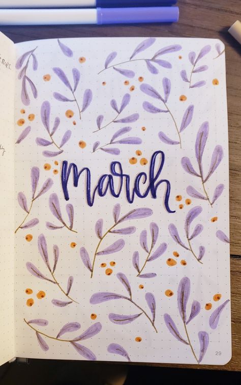 march 2019 cover. work bullet journal. purple theme! inspired by Simone O. #bulletjournal #bujo Purple Bujo Ideas, Journal Ideas Purple Theme, March Bujo Cover Page, Bujo Purple Theme, Journal Purple Theme, Journal Ideas Purple, Purple Bullet Journal Theme, Bujo March Cover, March Cover Page Bullet Journal