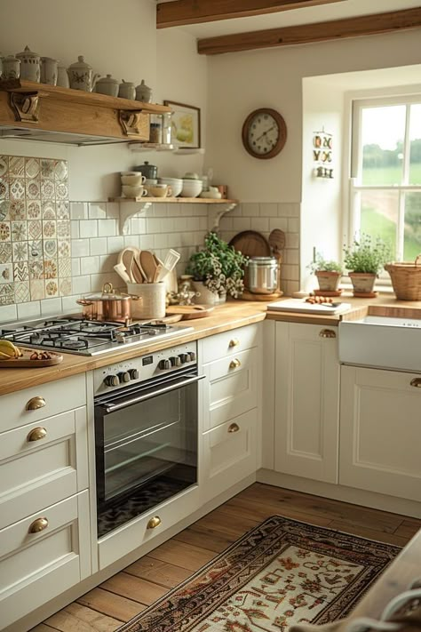 French Style Kitchen Design, Small Tiled Kitchen, Kitchen Ideas Cream Color, Kitchen Decor Classic, Cottagecore Modern Kitchen, White Vintage Kitchen Ideas, White Kitchen Timeless, Italian Modern Kitchen Design, Small Cream Kitchen Ideas