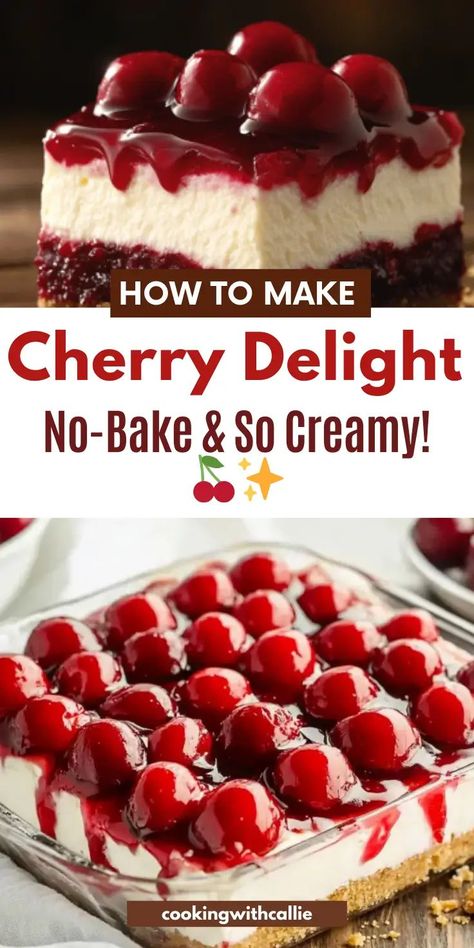 This Cherry Delight is the ultimate no-bake treat! A buttery graham cracker crust, creamy cheesecake-style filling, and sweet cherry pie topping come together in the perfect dessert. Just 15 minutes of prep—then chill and enjoy! Great for holidays, potlucks, or anytime you need a simple, crowd-pleasing dessert. Click for the full recipe! 🍒🥄 Cherry Delight Recipe, Pie Topping, Sweet Cherry Pie, Cherry Topping, Cherry Delight, Pie Tops, Easy No Bake Desserts, Fruity Desserts, Cherry Pie Filling