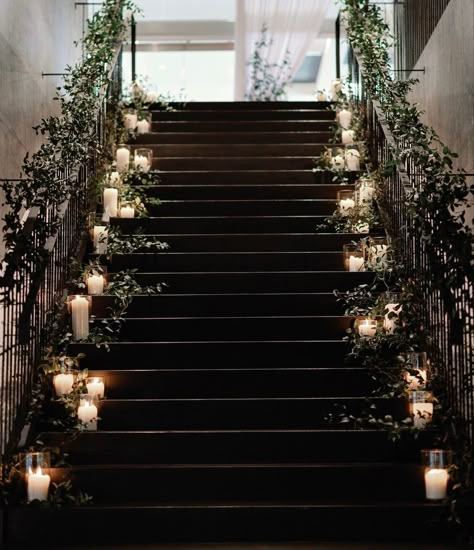 Stairs Floral Decor, Wedding Stairs Decoration Staircases, Candles Stairs Wedding, Wedding Stairs Flowers, Grand Staircase Wedding Decor, Stairway Wedding Decor, Wedding Balcony Decor, Wedding Steps Decorations, Wedding Ceremony Walkway