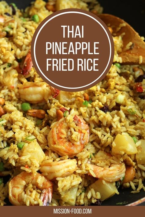 This authentic better-than-takeout Thai Pineapple Fried Rice is the perfect savory/sweet recipe to satisfy your cravings. Adding succulent shrimp to this colorful concoction provides a boost of protein and tons of flavor. Thai Pineapple Shrimp Curry, Thai Pineapple Fried Rice Recipe, Thai Curry Fried Rice, Shrimp Pineapple Recipes, Seafood Fried Rice Recipes, Shrimp And Pineapple Recipes, Thai Fried Rice Recipe Authentic, Pineapple Curry Fried Rice, Thai Shrimp Fried Rice