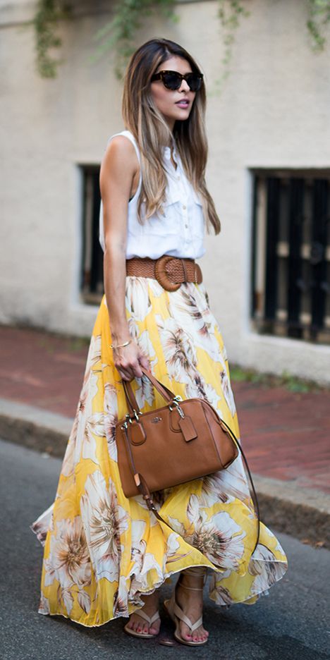 Yellow maxi skirts | HOWTOWEAR Fashion 2023 Maxi Skirt, Yellow Maxi Skirts, Skirt For Fall, Hollow Sweater, Yellow Palette, Chiffon Maxi Skirt, Pants Woman, Yellow Maxi, Loose Jumpsuit