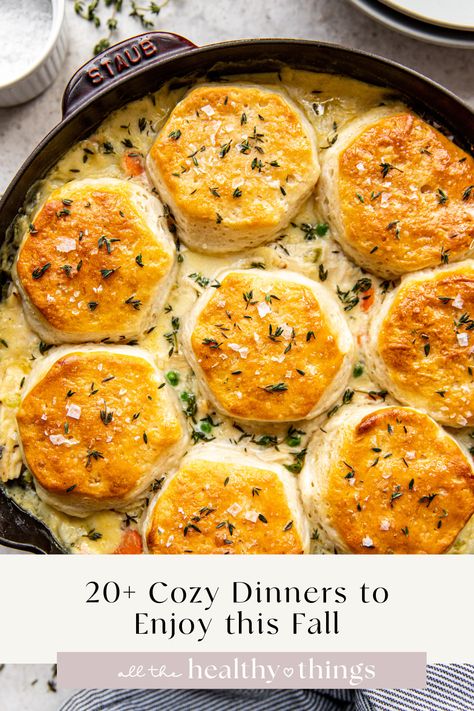 Over 20 of the best easy fall dinners to make from September through November and beyond. From classic comfort foods to cozy soups, and sheet pan meals, there’s something for everyone to enjoy! Simple Wholesome Meals, Hearty Sunday Dinner, Cozy Supper Ideas, Cozy Comfort Food Recipes, Snow Day Recipes Comfort Foods, Healthy Dinner Winter, Autumn Meal Ideas, Healthy Dinner Recipes Winter, Dinner Ideas Cold Weather