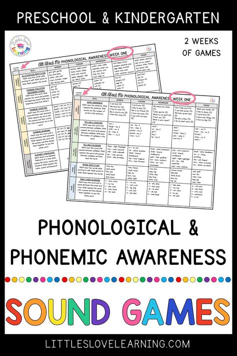 Looking for phonological awareness activities for your preschool, pre-k or kindergarten students? These phonological awareness games are PERFECT for you! Phonological awareness skills are the building blocks of future reading success, so it's crucial to focus on these skills BEFORE kids learn to read. Phonological awareness includes word awareness, syllable awareness, rhyme awareness, and phonemic awareness. These research-based games take just 10 minutes a day. Add them to your lessons today! Phonological Processes Activities, Phonological Awareness Activities Prek, Phonological Awareness Kindergarten, Preschool Phonemic Awareness, Phonological Awareness Preschool, Phonemes Activities, Phonological Awareness Games, Phonemic Awareness Games, Phonemic Awareness Kindergarten