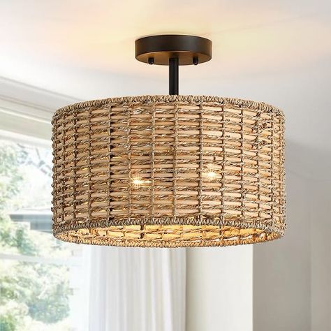 Lennie 13.6 in. 2-Light Natural Rattan Drum Semi-Flush Mount Ceiling Light - 13.6 in. W - Bed Bath & Beyond - 36958149 Hallways Lighting Ideas, Light Fixture For Playroom, Rattan Flush Mount Ceiling Light, Best Hallway Light Fixtures, Semi Flush Ceiling Lights Living Room, Primary Bedroom Lighting Ideas, Laundry Room Pendant Light, Small Entry Way Lighting Ideas, Boy Nursery Light Fixture