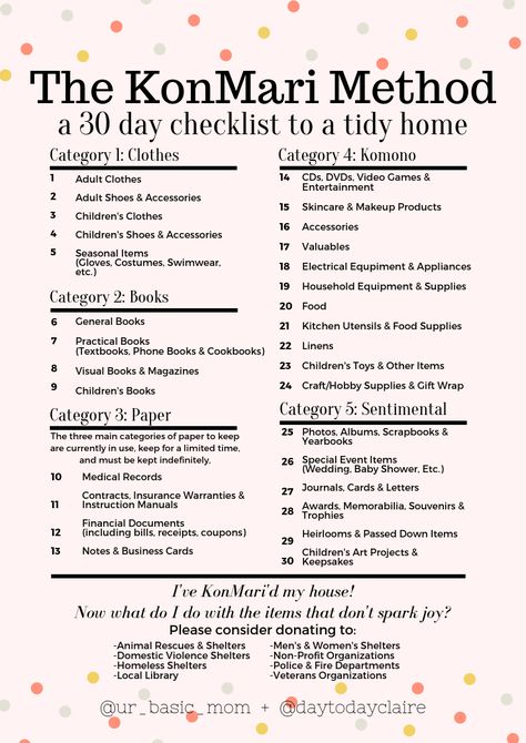 KonMari Method - declutter - simplify your home - simple living - minimalism - checklist to a tidy home - the life changing magic of tidying up Konmari Checklist, Marie Kondo Organizing, Oliver Smith, Declutter Home, Konmari Method, House Cleaning Checklist, Household Cleaning Tips, Organize Declutter, Declutter Your Home