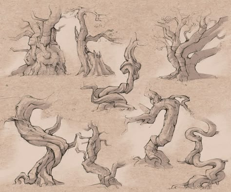 World Tree Drawing, Imaginary Landscape Drawing, Fantasy Trees Drawing, Tree Study Drawing, How To Draw Tree Trunk, Plant Reference Drawing, Fantasy Tree Art, Big Tree Drawing, Sketches Of Trees