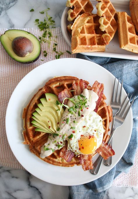 Savory Breakfast Waffles recipe Breakfast Waffle Recipes, Menu Sarapan Sehat, Waffle Ingredients, Savory Waffles, Breakfast Waffles, Brunch Time, Breakfast Menu, Boiled Egg, Savory Breakfast