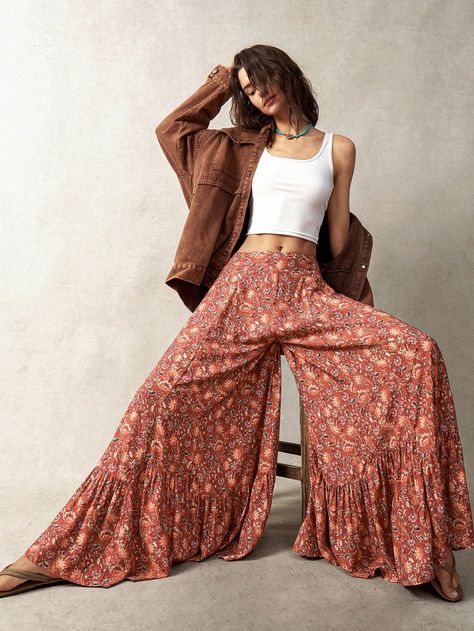 Frauen Urlaub Hose mit floralem Muster und weitem Bein sowie gerüschtem Saum Verschiedenfarbig Böhmisch   Gewebter Stoff Pflanzen,Überalles Muster Breites Bein Undehnbar  Women Clothing, size features are:Bust: ,Length: ,Sleeve Length: Spiritual Outfit Boho Style, Hipster Outfits For Women, Fabric Plants, Hipster Looks, Earthy Outfits, Hippie Pants, Hippie Costume, Estilo Boho Chic, Yellow Daisy