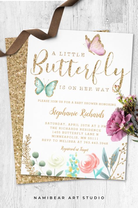 Garden Baby Shower Theme Girl, Butterfly Garden Baby Shower Theme, Babyshower Invites, Garden Baby Shower Theme, Butterfly Baby Shower Theme, Girl Shower Themes, Butterfly Baby Shower Invitations, Gold Baby Shower