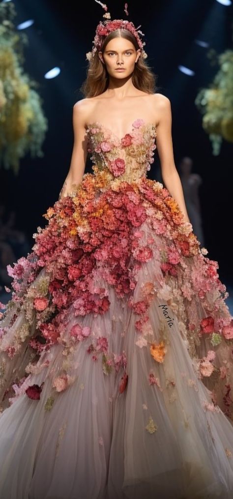 Floral Evening Gown Haute Couture, Floral Gown Aesthetic, Floral Fashion Aesthetic, Floral Fashion Runway, Cottagecore Ballgown, Floral Haute Couture, Premier Dresses, Recycled Gown, 3d Floral Dress