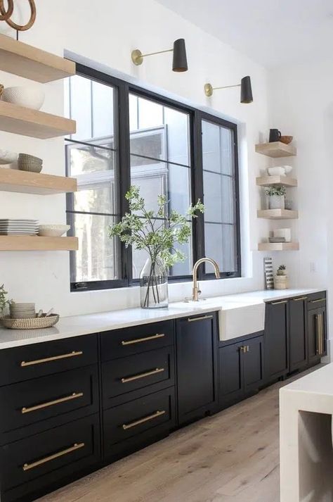 20 Ways To Style Open Shelves In Kitchen Styling Open Shelves In Kitchen, Kitchen Interior Modern Luxury, Black Shaker Kitchen, Best Kitchen Cabinet Paint, Kitchen Interior Modern, Beautiful Kitchen Cabinets, White Kitchen Backsplash, Painted Kitchen Cabinets Colors, Shelves Kitchen