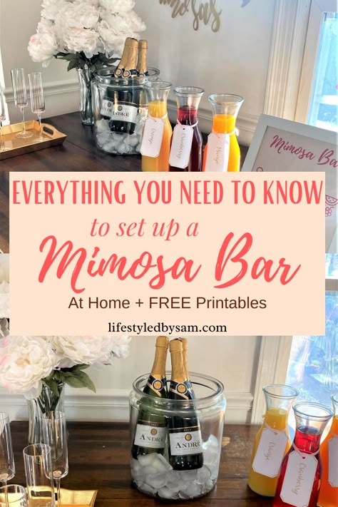 Open House Mimosa Bar, Make Your Own Mimosa Bar, Champagne Brunch Bridal Shower Ideas Mimosa Bar, Champagne Mimosa Bar, Home Champagne Bar Ideas, Decor For Brunch Party, Momosa Mimosa Bar Virgin, Build Your Own Mimosa Bar, How Much Champagne For Mimosa Bar