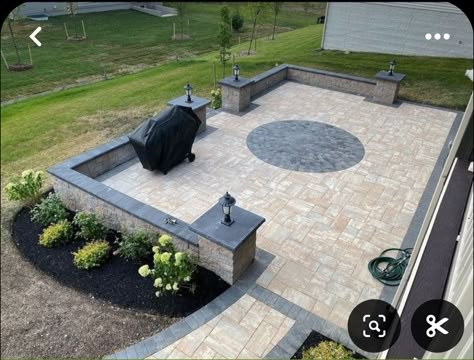 Paver Patio Ideas Small Area, Backyard Concrete Seating Area, Custom Patio Ideas, Ground Patio Ideas Backyards, Patio Seat Wall Ideas, Backyard Patio Pavers Layout, Large Patio Ideas Layout Seating Areas, Patio Design Idea, Square Stone Patio Ideas