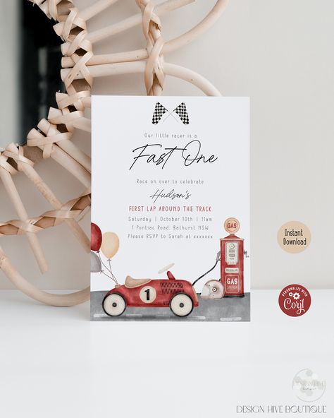 First Lap Around The Track Birthday, Fast One First Birthday, Car 1st Birthday, Vintage Car Birthday, Boy Vintage, First Birthday Themes, Second Birthday, Vintage Race Car, Birthday Printables