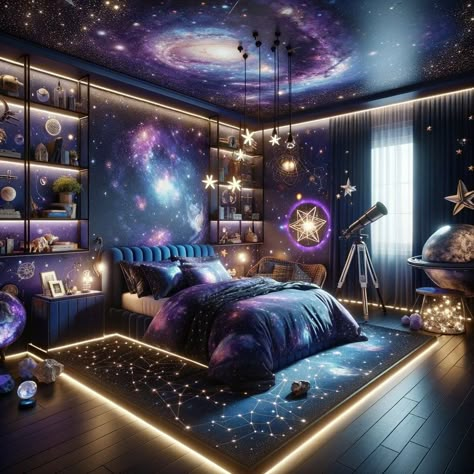 Purple Galaxy Bedroom, Camas Aesthetic, Bedroom Lake House, Galaxy Bedroom, Green Bedroom Aesthetic, Classy Bedroom Decor, Bedroom Castle, Dark Blue Bedroom, Bedroom Comfy