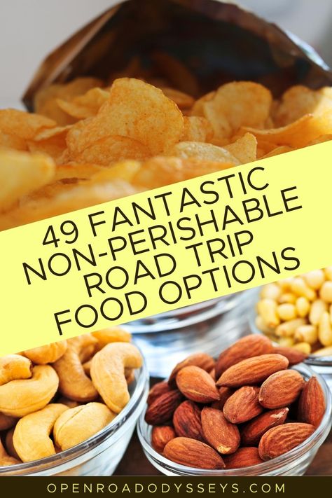 Non Perishable Healthy Snacks, Easy Non Perishable Snacks, Road Trip Picnic Food Ideas, Travel Foods Road Trip, Vegan Road Trip Food, Food To Take On A Road Trip, Healthy Non Perishable Snacks, Snacks For Road Trip Travel Foods, Best Snacks For Road Trips