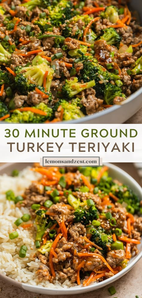 A simple weeknight dinner ready in under 30 minutes, this Ground Turkey Teriyaki Stir Fry is just the right amount of sweet and savory. A simple homemade teriyaki sauce is easier than you think--with a hint of orange zest and all the flavor the whole family will love! Healthy College Lunch Ideas, Low Calorie Recipes With Ground Turkey, College Dinners Easy, Low Calorie Ground Turkey Meals, Meal Prep Low Budget, Healthy But Filling Meals, Springtime Dinner Recipes, Health Ground Beef Recipes For Dinner, Low Calorie Whole Food Recipes