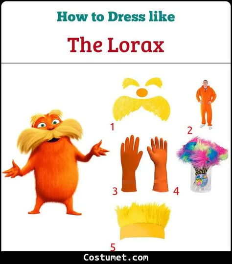 Lorax Costume Ideas, The Lorax Costume Diy, Cute Lorax Costume, Lorax Costume Women, Lorax And Onceler Costume, The Lorax Halloween Costume, Diy Lorax Costume, Lorax Halloween Costumes, Lorax Cosplay