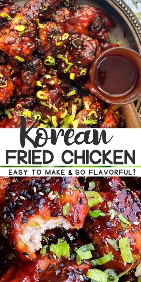 Korean fried chicken – crispy fried chicken in a sweet-yet-spicy chili sauce. Make this incredibly addictive chicken in your Air Fryer and prepare to be hooked! Korean Fried Chicken Sauce Recipe, Korean Stir Fry Chicken, Korean Chicken Marinade Sauce Recipes, Korean Chicken Air Fryer, Korean Chicken Recipe Air Fryer, Easy Korean Chicken Recipes, Asian Chicken Legs Recipes, Korean Fire Chicken, Korean Chicken Thigh Recipe