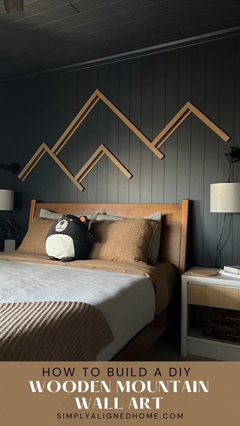 Elevate your home decor with our step-by-step guide on building a personalized Wooden Mountain Wall Art. Learn creative woodworking techniques and transform your space. Mountain Feature Wall, Wooden Mountain Wall Art, Mismatched Furniture, Creative Woodworking, Dark Paint Colors, Boy’s Room, Hallway Ideas Entrance Interior Design, Mountain Wall, Mountain Wall Art