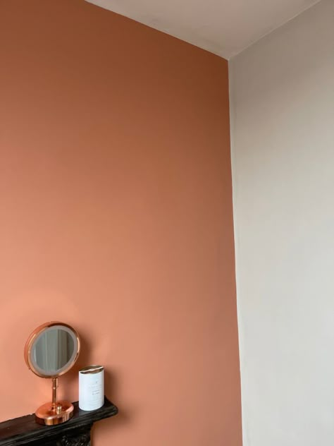 Copper Accent Wall Bedroom, Dulux Copper Blush Bedroom, Dulux Copper Blush Living Room, Copper Blush Bedroom, Dulux Copper Blush, Copper Blush Dulux Paint, Light Rust Paint Color, Teracotta Interior, Copper Paint Walls