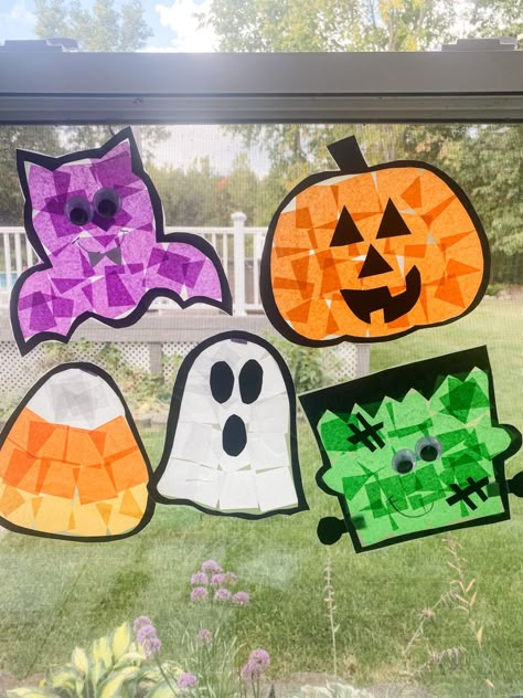 Halloween Suncatchers - ABCDee Learning Halloween Crafts For Kindergarten Party, Halloween Activity For 1st Grade, Frankenstein Suncatcher Craft, Halloween Sun Catcher Craft, Halloween Arts And Crafts Preschool, Monster Suncatcher Craft, Halloween School Crafts 1st Grade, Fall Suncatchers Preschool, Halloween Science Center Preschool