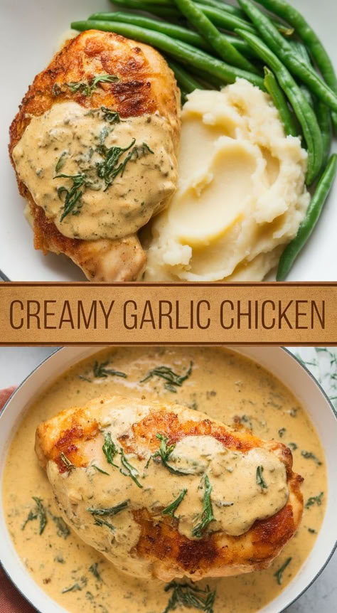 Creamy Garlic Chicken – Make cleanup a breeze with this one-pan creamy garlic chicken! Juicy chicken in a garlicky cream sauce that’s perfect for cozy dinners at home. Healthy Cream Sauce For Chicken, Chicken Non Dairy Recipes, Best Creamy Chicken Recipe, Creamy Almond Chicken, Healthy Chicken And Mashed Potatoes, One Pan Garlic Chicken, Creamy Chicken And Brussel Sprouts, Creamy Chicken And Veggies, Chicken With Garlic Cream Sauce