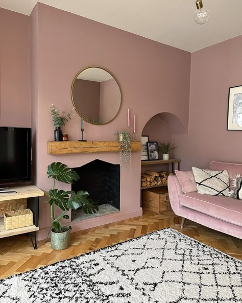 Dark Pink Living Room Walls, Pink Painted Living Room, Curtains For Pink Walls Living Rooms, Pink Walls Green Curtains, Pink Country Living Room, Powder Pink Living Room, Pink Front Room Ideas, Rose Colored Living Room, Mid Century Pink Living Room