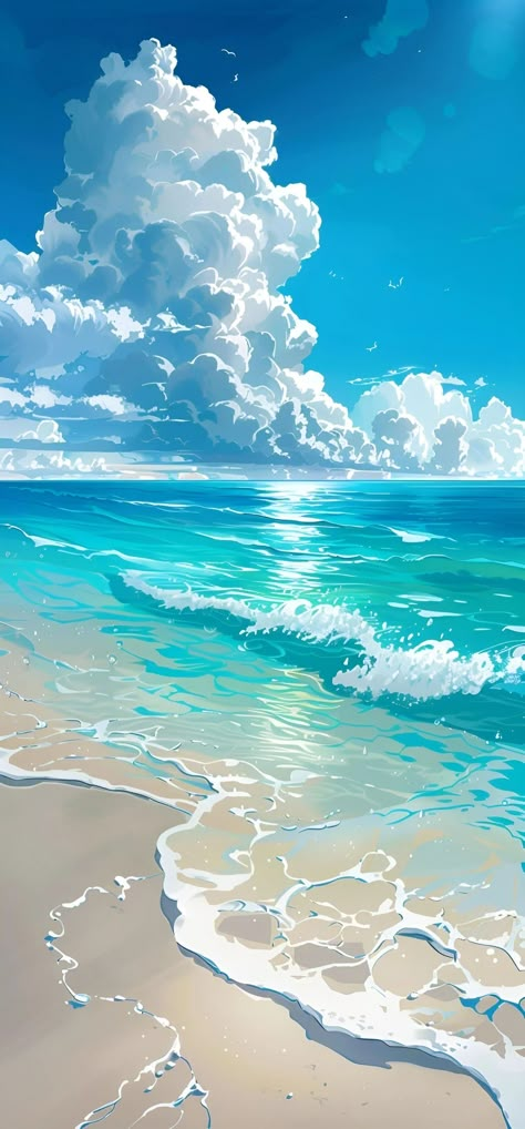 Sea Wallpaper Drawing, Ocean Wallpaper Drawing, Blue Cartoon Aesthetic, Wallpaper Playa, Blue Sky Drawing, Ocean Anime, Clouds Cute, Nice Scenery, Dreamy Artwork