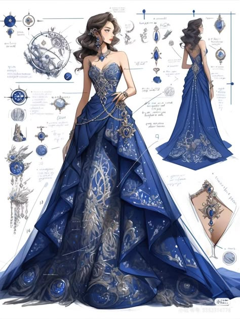 Blue Aesthetics, Magical Dress, Dreamy Gowns, Dress Illustration, Dress Design Drawing, Fantasy Outfits, Fashion Drawing Dresses, Fantasy Dresses, Dress Design Sketches