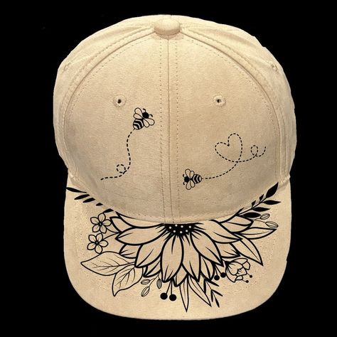 Sunflower Baseball Hat Burning Design, Ball Cap Burning Pattern, Traceable Pyrography Template, Summer Flowers and Bees, Digital Download - Etsy Cricut Cap Ideas, Burning On Hats, Stencil For Hat Burning, Wood Burned Hats, Diy Baseball Hat, Hat Burning Ideas, Shoe Painting Ideas, Decorated Hats, Doodle Shoes