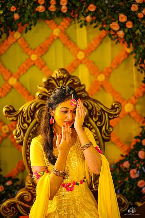 I am here posing for my haldi ceremony Haldi Ceremony Shoot, Haldi Ceremony Stills, Bride Haldi Posses, Haldi Bridal Pose, Girl Wedding Photoshooting, Haldi Poses For Bride's Sister, Haldhi Stills Bride Dress, Haldi Photoshoot Poses With Sisters, Haldi Photos Ideas