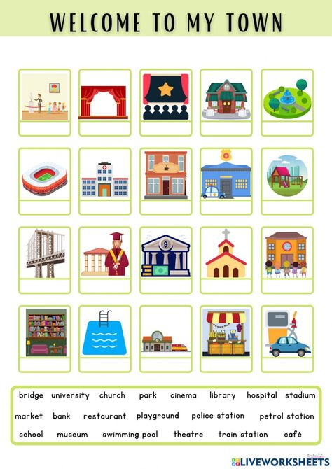 Grade 6 Worksheets, English Primary School, Town Games, Ride Bike, Teaching Special Education, Learning English For Kids, Town Houses, Theme Activity, The Worksheet