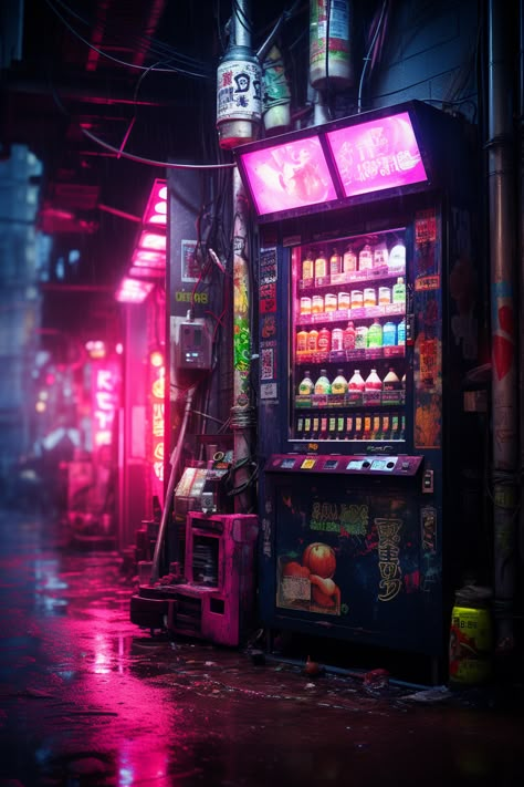 Cyberpunk Asethic, Cyberpunk Vending Machine, Retro Cyberpunk Aesthetic, Vending Machine Art, Cyberpunk Cafe, Cyberpunk Setting, Cyberpunk Background, Cyberpunk Dystopia, Fantasy Cyberpunk