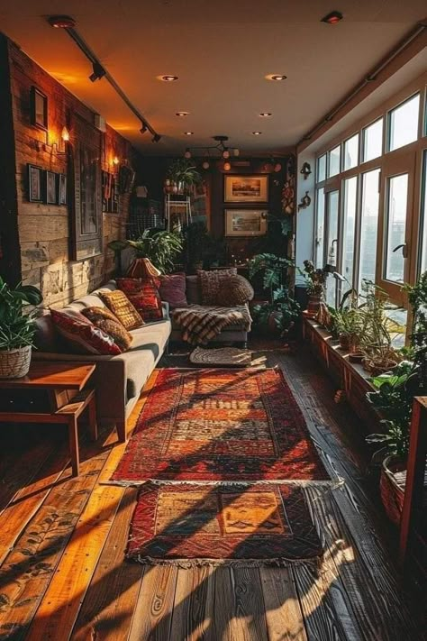 Sectioned Living Room, Abstract House Interior, Craftsman House Living Room, Bohemian Mountain Home, Pirate Inspired Home Decor, Bohemian Room Design, Neutral Toned Living Room, Hobbit Living Room Aesthetic, Cozy Boho Home Decor