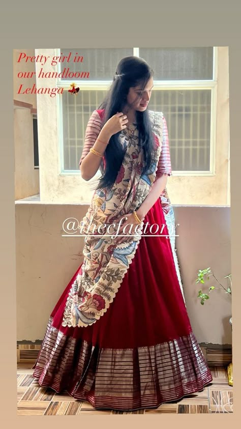 New Gown Designs 2022 Latest, Latest Model Lehenga Designs, Kalamkari Voni Half Saree, Half Saree Lehenga Kalamkari, Latest Langa Voni Models, Mangalgiri Pattu Dresses Designs, Latest Langa Blouse Designs, Narayanpet Lehenga Designs, Mangalgiri Pattu Long Frocks