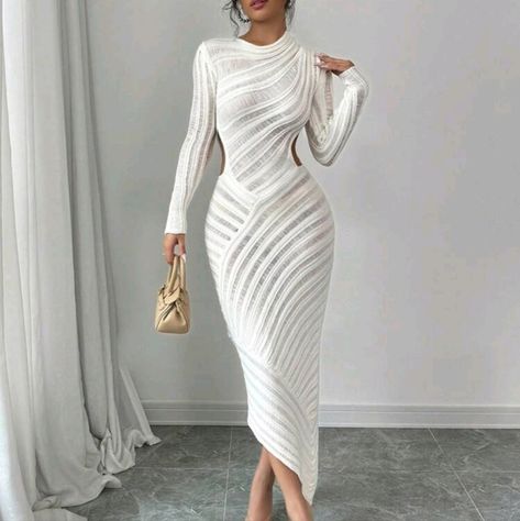 Women Solid Color Long Sleeve Hollow Out Simple Long Dress, Casual Everyday Wear White Dress Classy Casual, Polished Clothing Style, Anniversary Dresses For Women, Modest Luxury Fashion, Elegant Date Night Outfit Winter, All White Party Outfits Baddie, Sweater Dress Outfit Black Women, Cute Winter Birthday Outfits, Simple Long Dress Casual