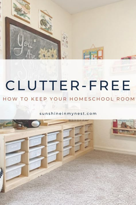 I’ve always loved the idea of living with less. Before we had kids I thought I might like to clean houses after hours for extra money. I had my first client interview and realized it was the wrong job for me… Home Preschool Room Setup, Small Space Homeschool Room, Organize Homeschool Supplies, Preschool Homeschool Room, Homeschool Classroom Setup, School Room Organization, Homeschool Classroom Decor, Homeschool Room Decor, Homeschool Room Organization